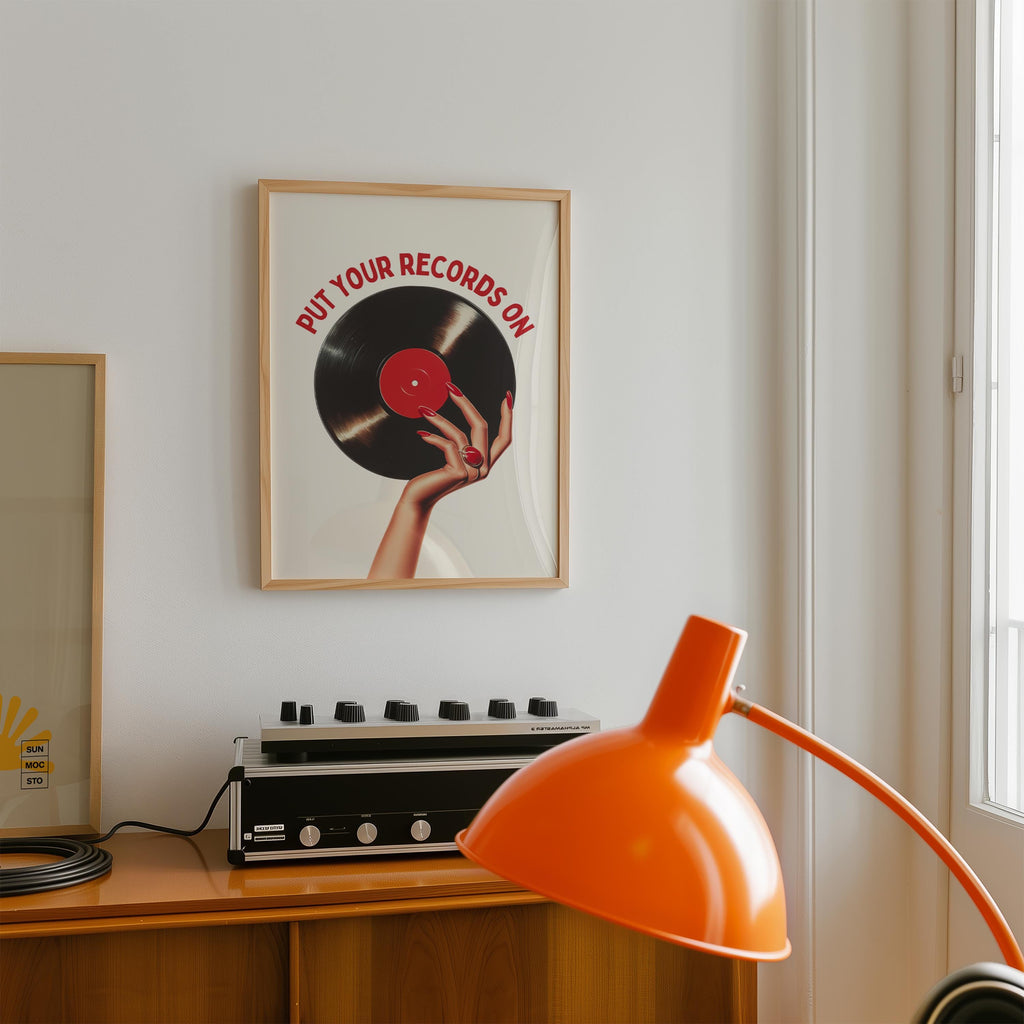 Put Your Records On Print, Retro Vinyl Wall Art, Vintage Music Poster, Mid Century Modern Decor, Trendy Bar Cart Art, Music Lover Gift