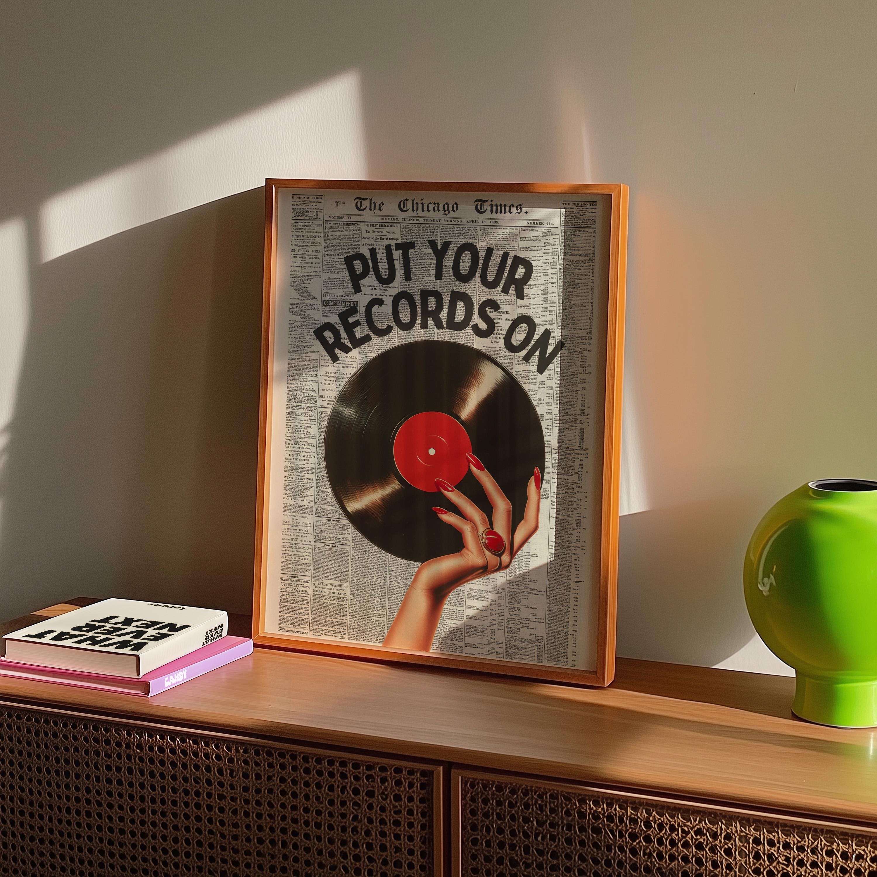 Put Your Records On Poster, Vintage Newspaper Wall Art, Retro Vinyl Print, Music Lover Decor, Mid Century Modern Art, Trendy Bar Cart Print