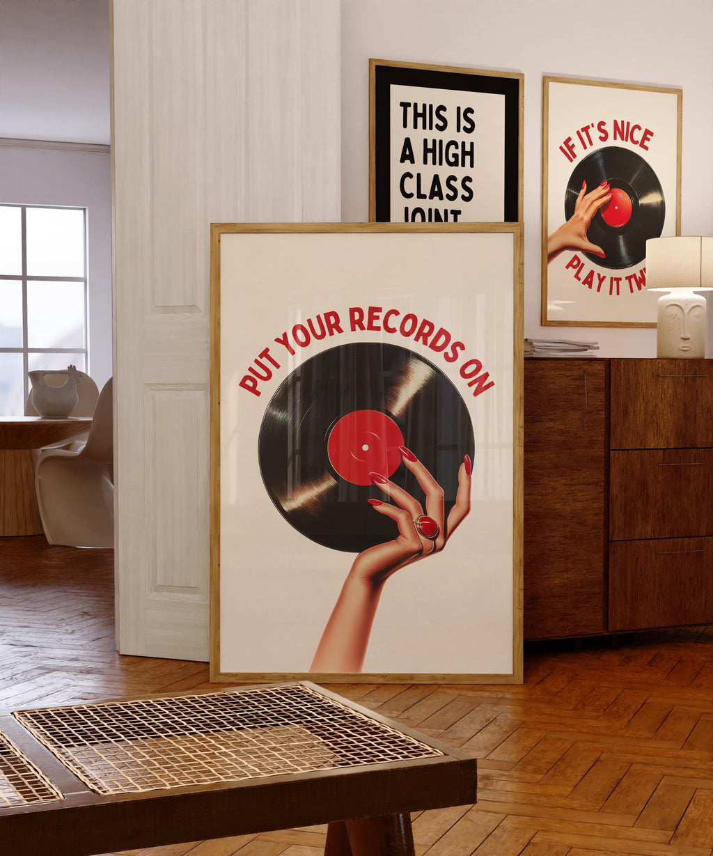 Put Your Records On Print, Retro Vinyl Wall Art, Vintage Music Poster, Mid Century Modern Decor, Trendy Bar Cart Art, Music Lover Gift