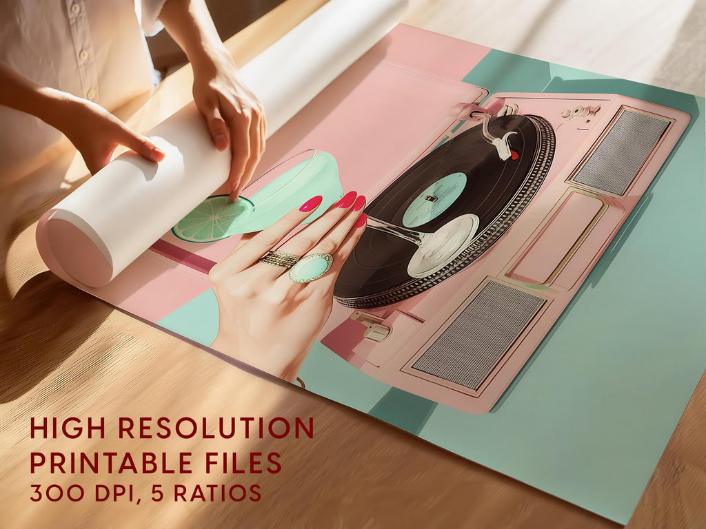 Retro Record Player Cocktail Print, Pink Aesthetic Bar Cart Wall Art, Mint Martini Poster, Vintage Vinyl Decor, Trendy Printable Art