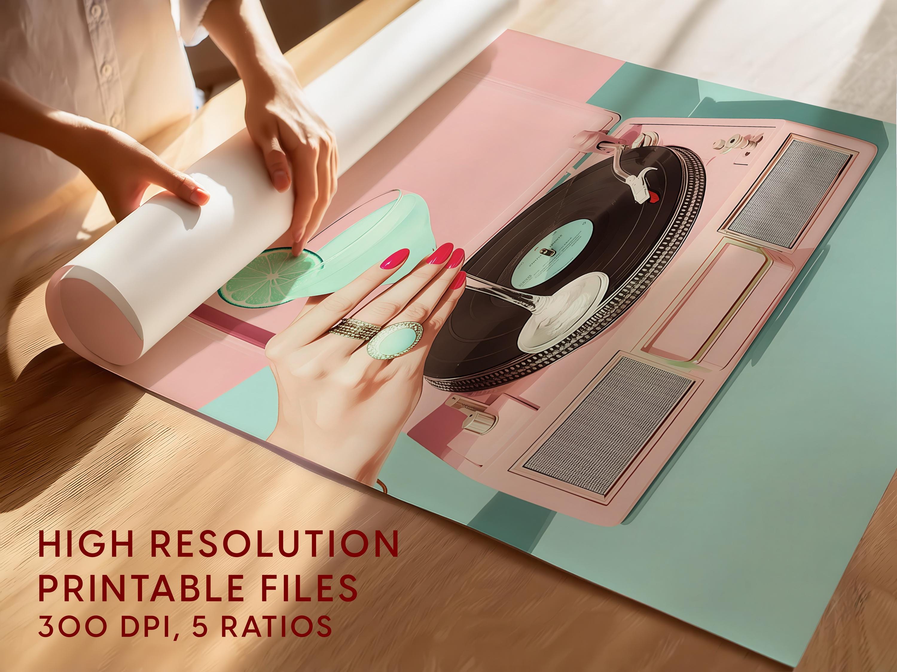 Retro Record Player Cocktail Print, Pink Aesthetic Bar Cart Wall Art, Mint Martini Poster, Vintage Vinyl Decor, Trendy Printable Art