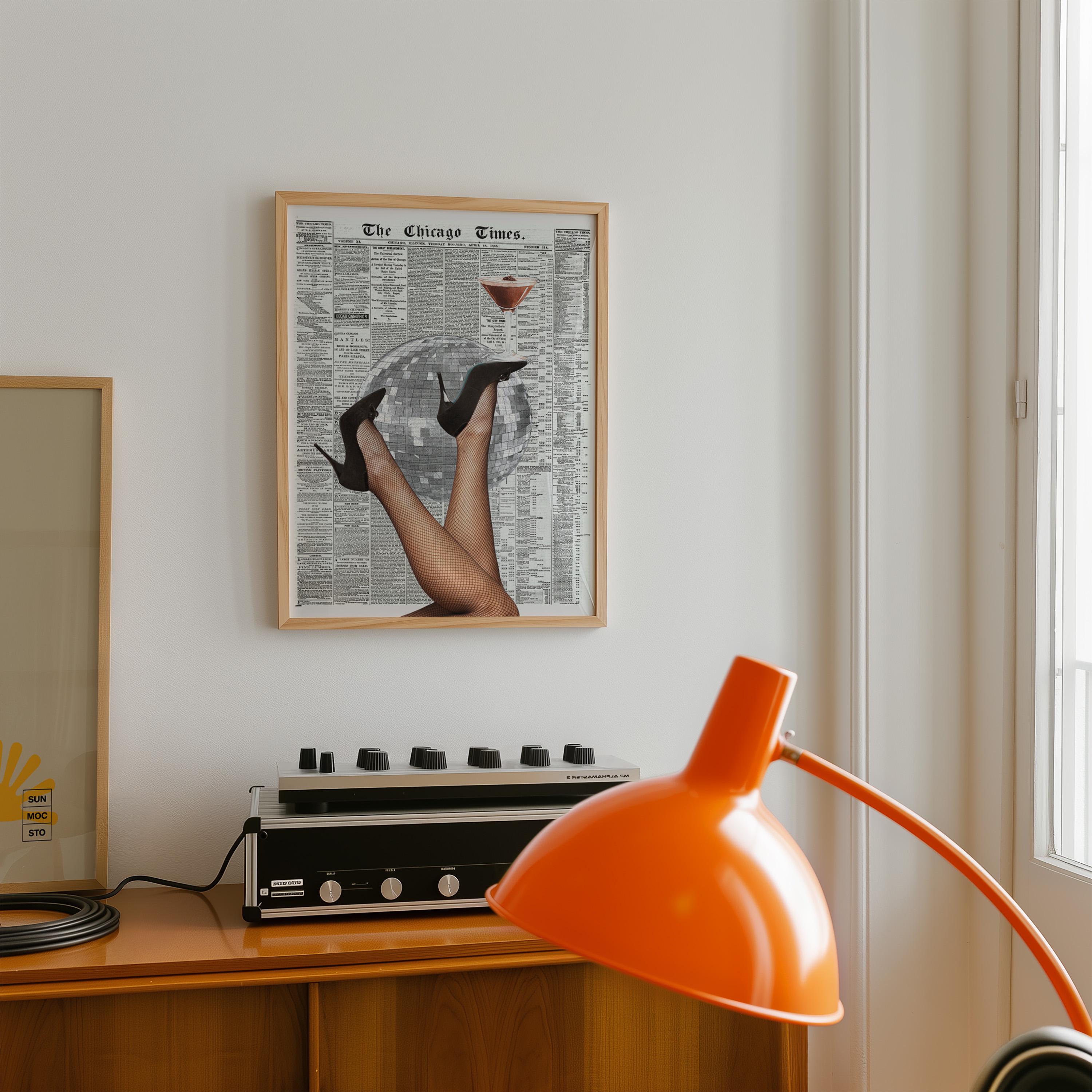 Disco Ball Cocktail Poster, Vintage Newspaper Wall Art, Retro Bar Cart Print, Martini Glass Art, Editorial Collage Decor, Trendy Home Art