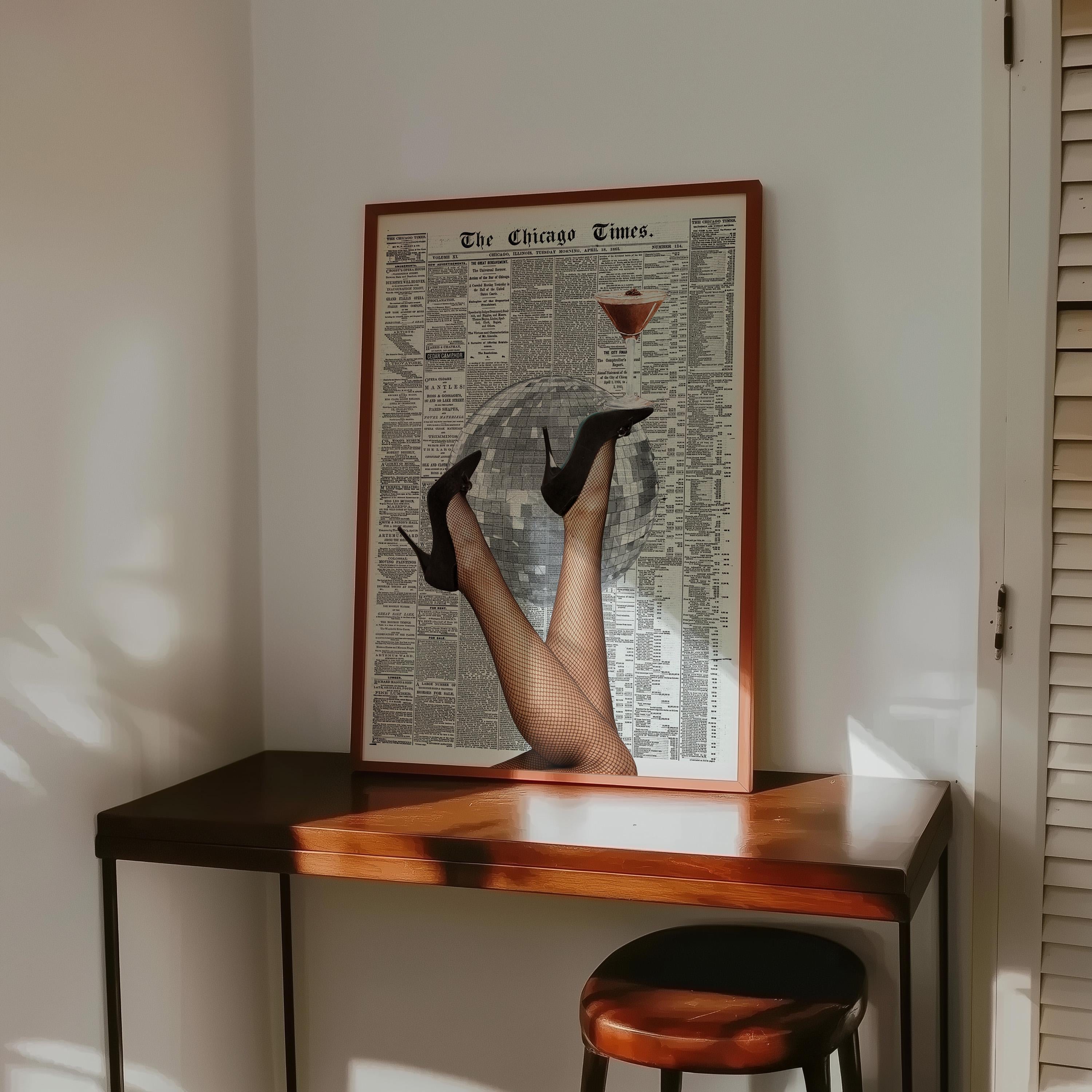 Disco Ball Cocktail Poster, Vintage Newspaper Wall Art, Retro Bar Cart Print, Martini Glass Art, Editorial Collage Decor, Trendy Home Art