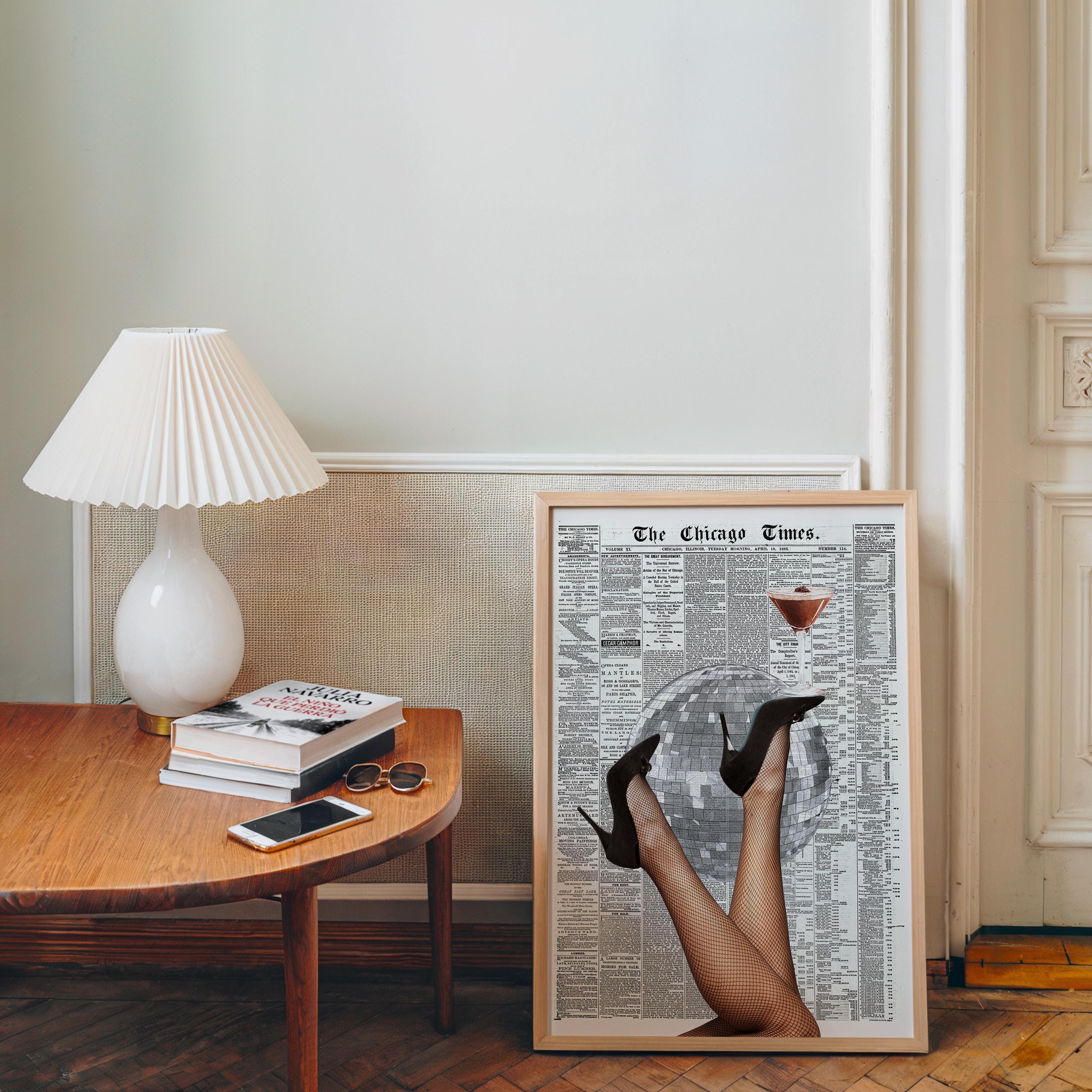 Disco Ball Cocktail Poster, Vintage Newspaper Wall Art, Retro Bar Cart Print, Martini Glass Art, Editorial Collage Decor, Trendy Home Art