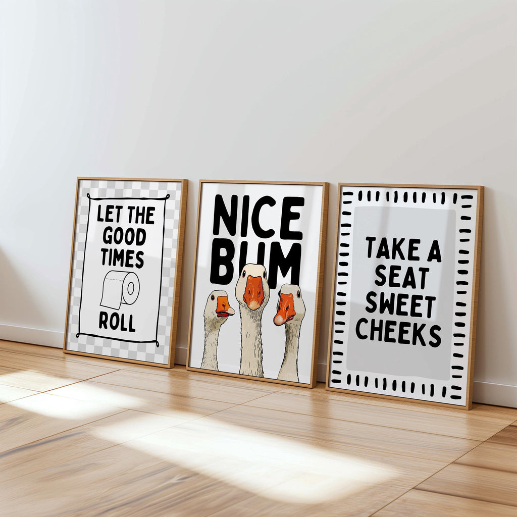 Funny Bathroom Wall Art Set, Black and White Bathroom Prints, Cute Goose Toilet Humor Posters, Modern Bathroom Decor Gallery Wall