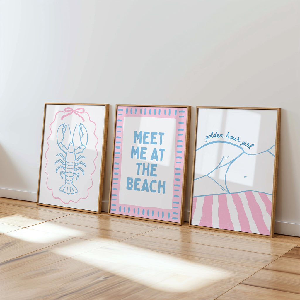 Coastal Beach Wall Art Set of 6, Pink Blue Beach Gallery Wall, Meet Me At The Beach Print Set, Lobster Shell Coastal Decor, Preppy Summer