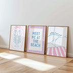 Coastal Beach Wall Art Set of 6, Pink Blue Beach Gallery Wall, Meet Me At The Beach Print Set, Lobster Shell Coastal Decor, Preppy Summer
