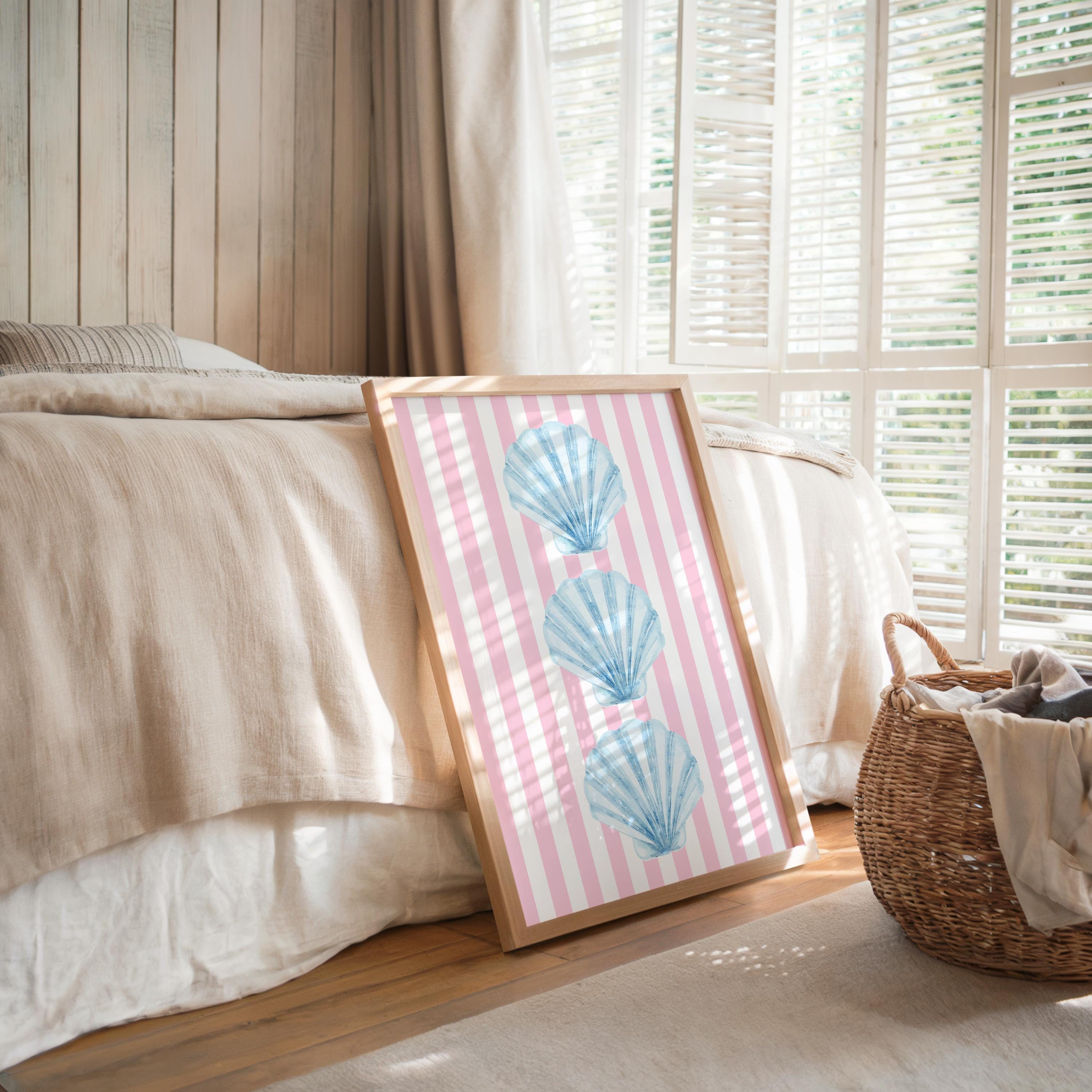 Coastal Beach Wall Art Set of 6, Pink Blue Beach Gallery Wall, Meet Me At The Beach Print Set, Lobster Shell Coastal Decor, Preppy Summer