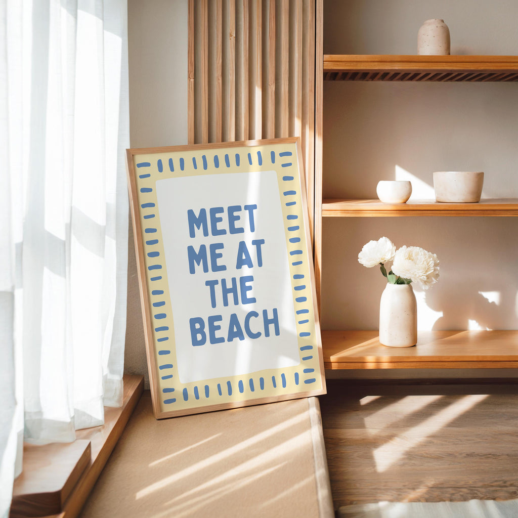 Coastal Beach Wall Art Set of 6, Blue Yellow Beach Gallery Wall, Meet Me At The Beach, Lobster & Shell Coastal Print, Summer Beach House Art