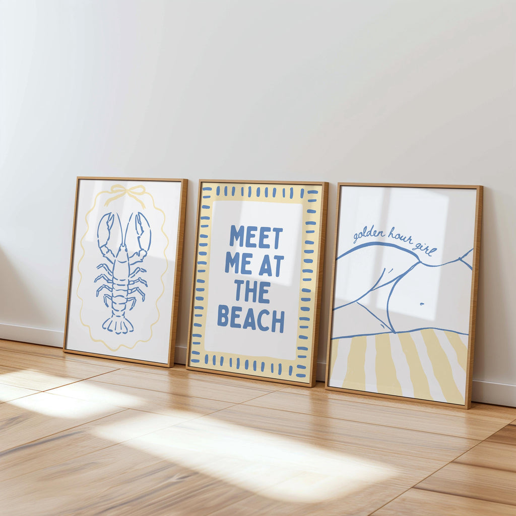 Coastal Beach Wall Art Set of 6, Blue Yellow Beach Gallery Wall, Meet Me At The Beach, Lobster & Shell Coastal Print, Summer Beach House Art