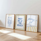 Coastal Beach Wall Art Set of 6, Blue Yellow Beach Gallery Wall, Meet Me At The Beach, Lobster & Shell Coastal Print, Summer Beach House Art