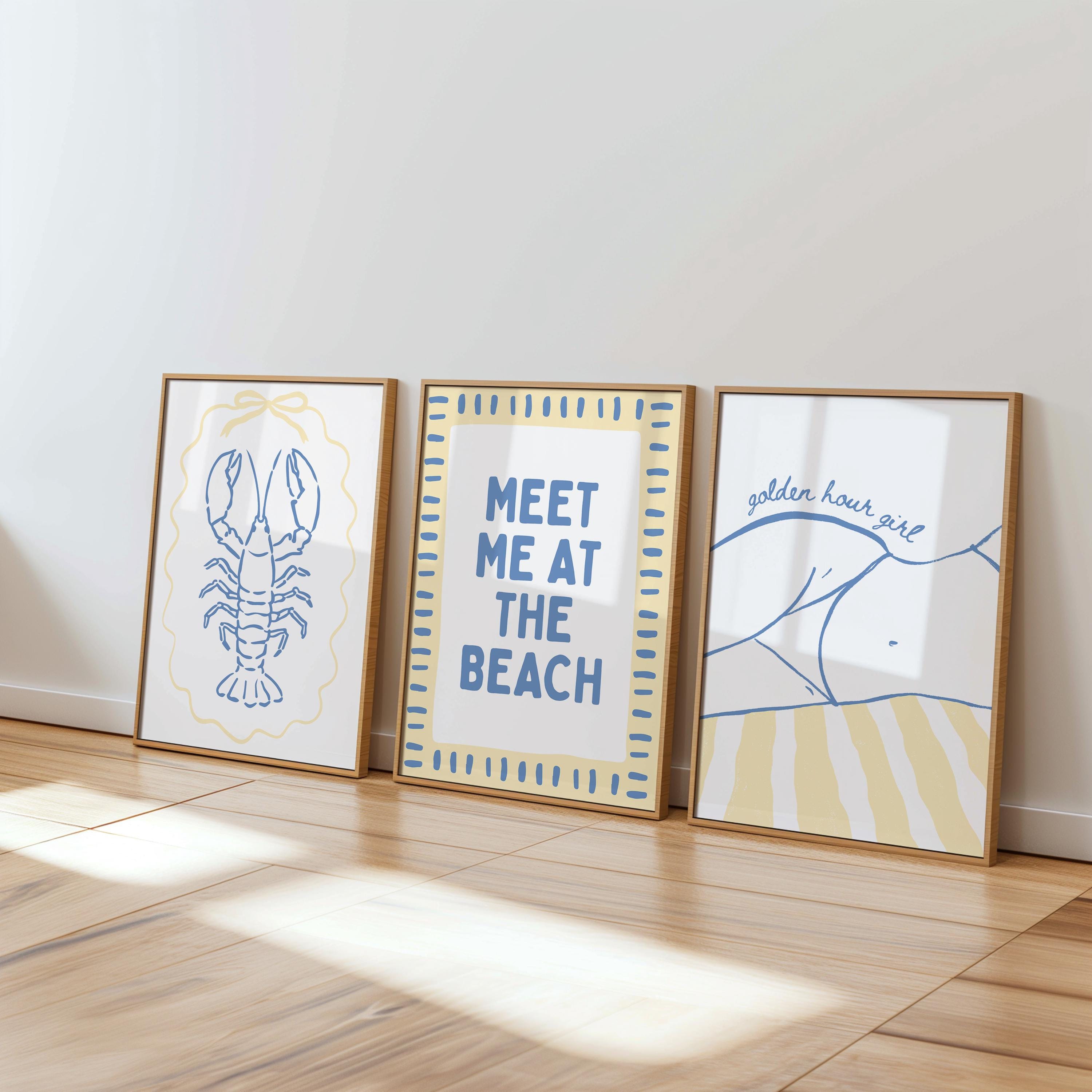 Coastal Beach Wall Art Set of 6, Blue Yellow Beach Gallery Wall, Meet Me At The Beach, Lobster & Shell Coastal Print, Summer Beach House Art