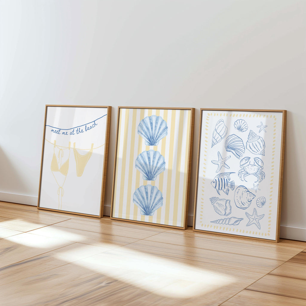 Coastal Beach Wall Art Set of 6, Blue Yellow Beach Gallery Wall, Meet Me At The Beach, Lobster & Shell Coastal Print, Summer Beach House Art