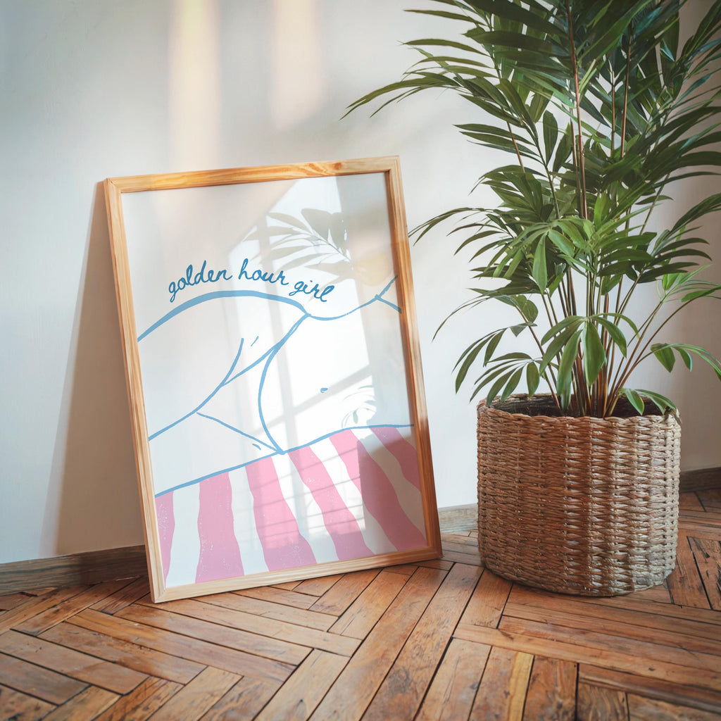 Golden Hour Girl Beach Print, Coastal Summer Wall Art, Preppy Beach Poster, Pink Blue Beach Decor, Minimal Coastal Aesthetic Wall Art