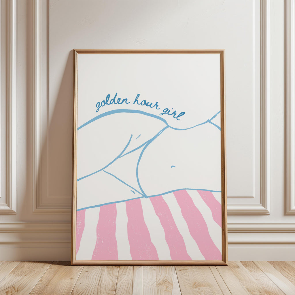 Golden Hour Girl Beach Print, Coastal Summer Wall Art, Preppy Beach Poster, Pink Blue Beach Decor, Minimal Coastal Aesthetic Wall Art