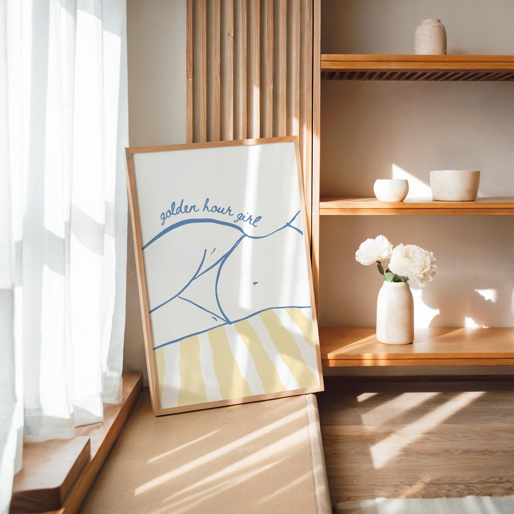 Golden Hour Girl Beach Print, Coastal Summer Wall Art, Preppy Beach Poster, Blue Yellow Beach Decor, Minimal Coastal Aesthetic Wall Art