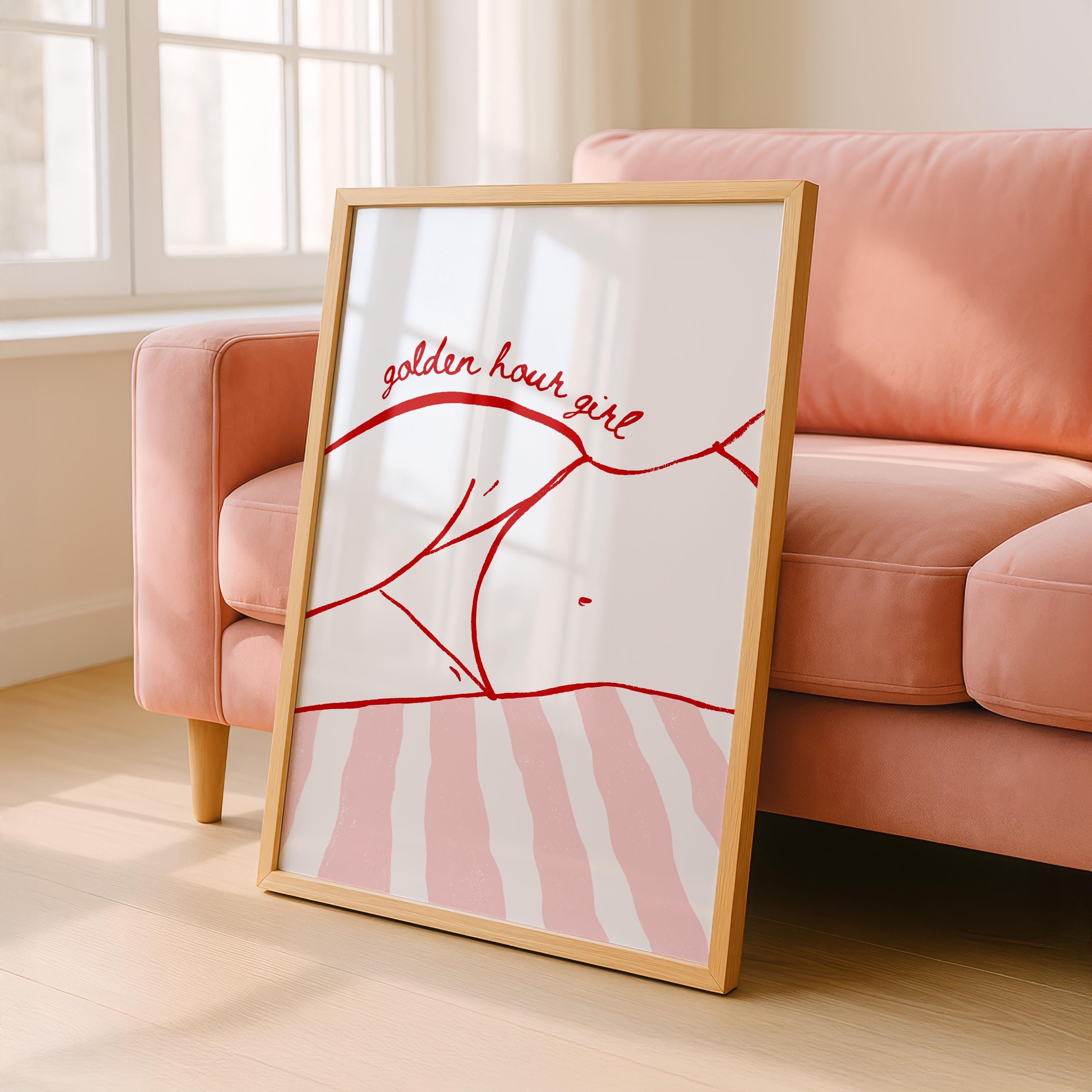 Golden Hour Girl Beach Print, Preppy Coastal Wall Art, Red Pink Beach Poster, Summer Beach Girl Decor, Minimal Coastal Aesthetic Print
