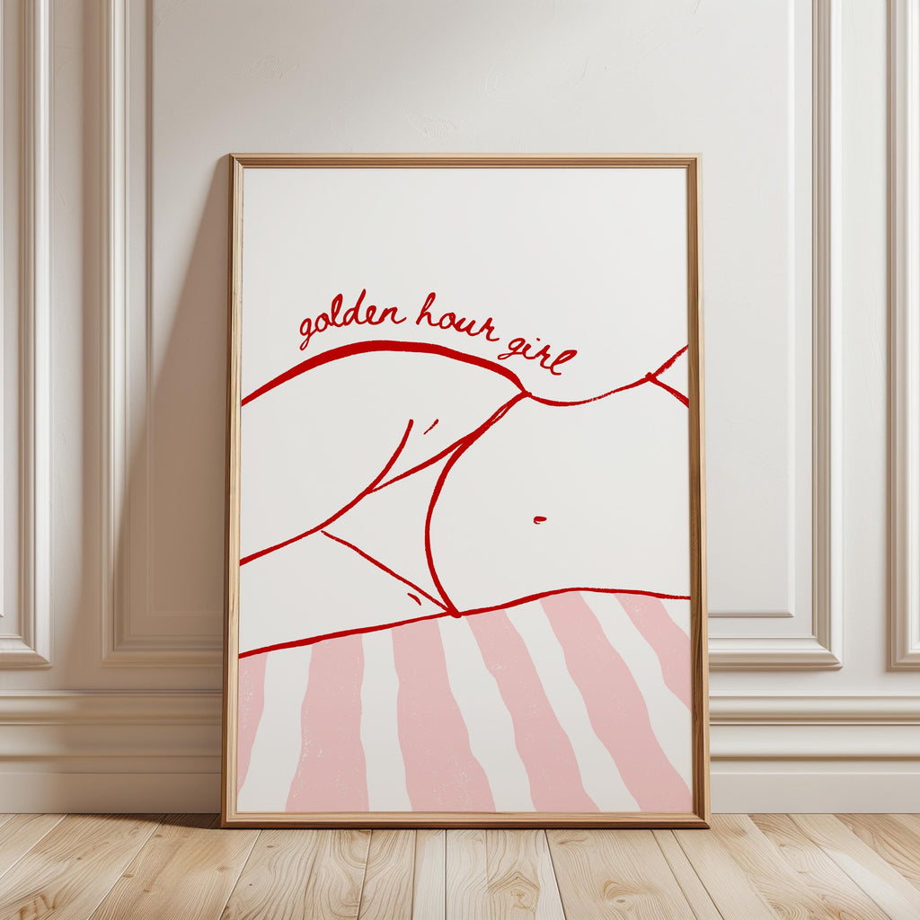 Golden Hour Girl Beach Print, Preppy Coastal Wall Art, Red Pink Beach Poster, Summer Beach Girl Decor, Minimal Coastal Aesthetic Print