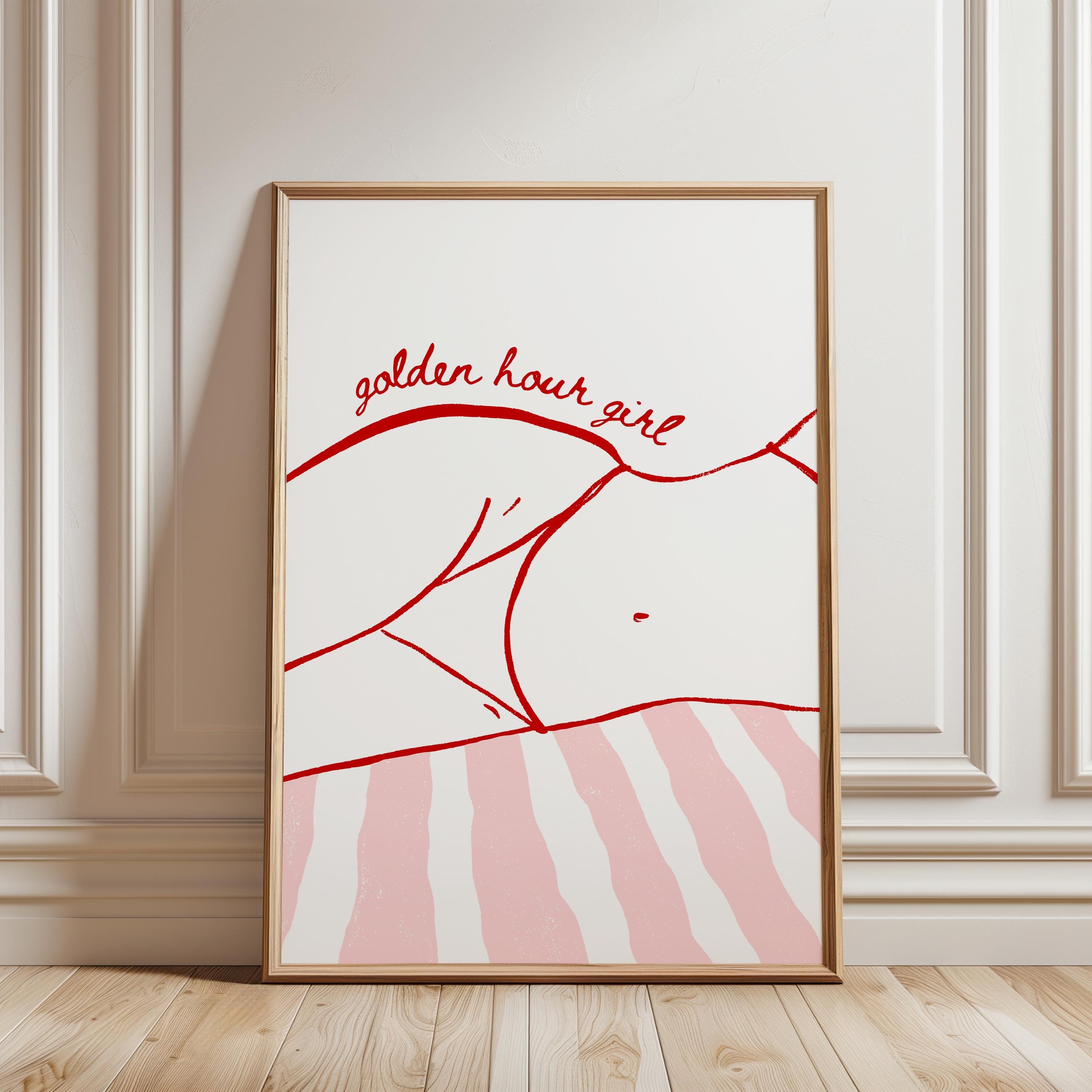 Golden Hour Girl Beach Print, Preppy Coastal Wall Art, Red Pink Beach Poster, Summer Beach Girl Decor, Minimal Coastal Aesthetic Print
