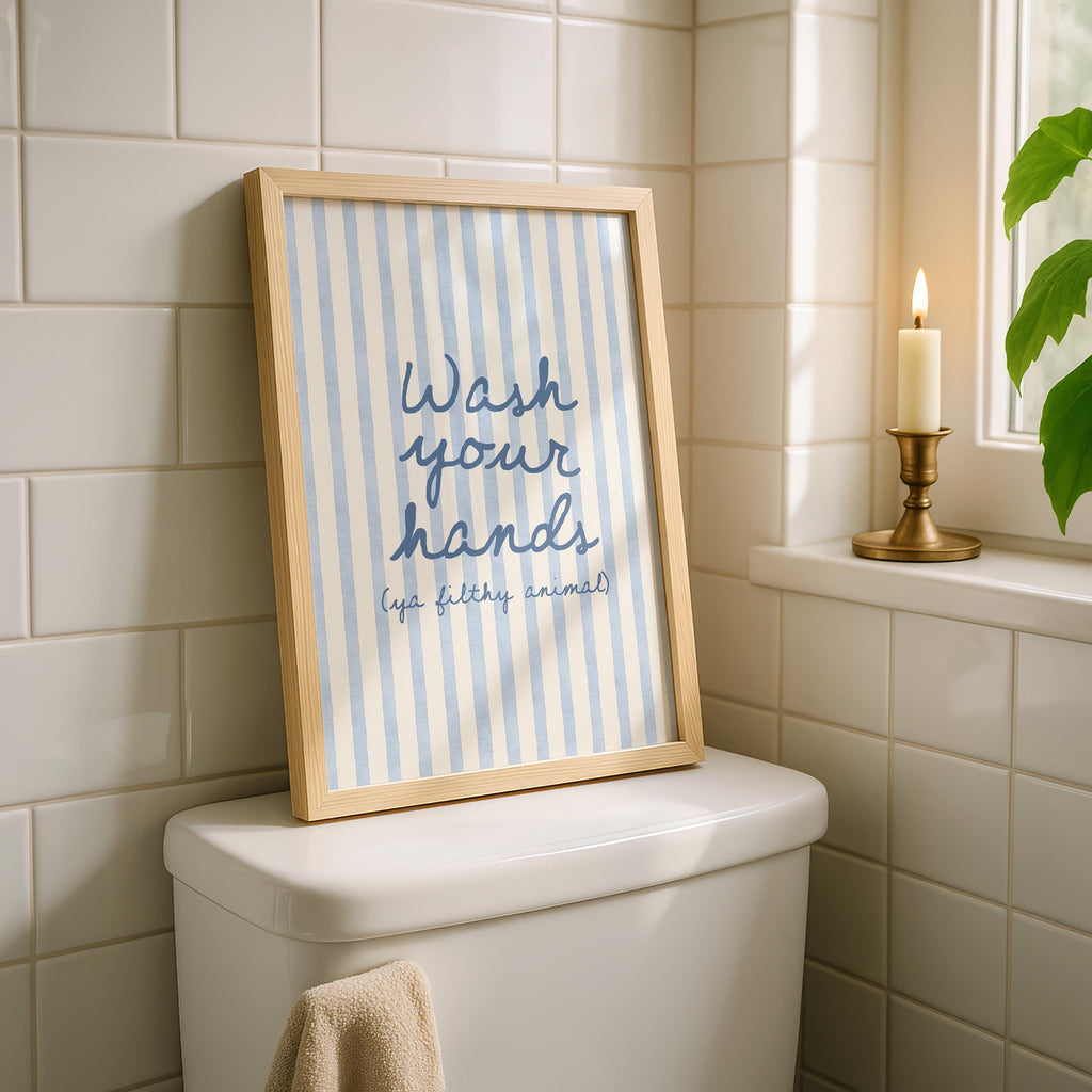 Wash Your Hands Funny Bathroom Print, Blue Stripe Bathroom Wall Art, Preppy Bathroom Decor, Funny Toilet Sign, Guest Bathroom Poster