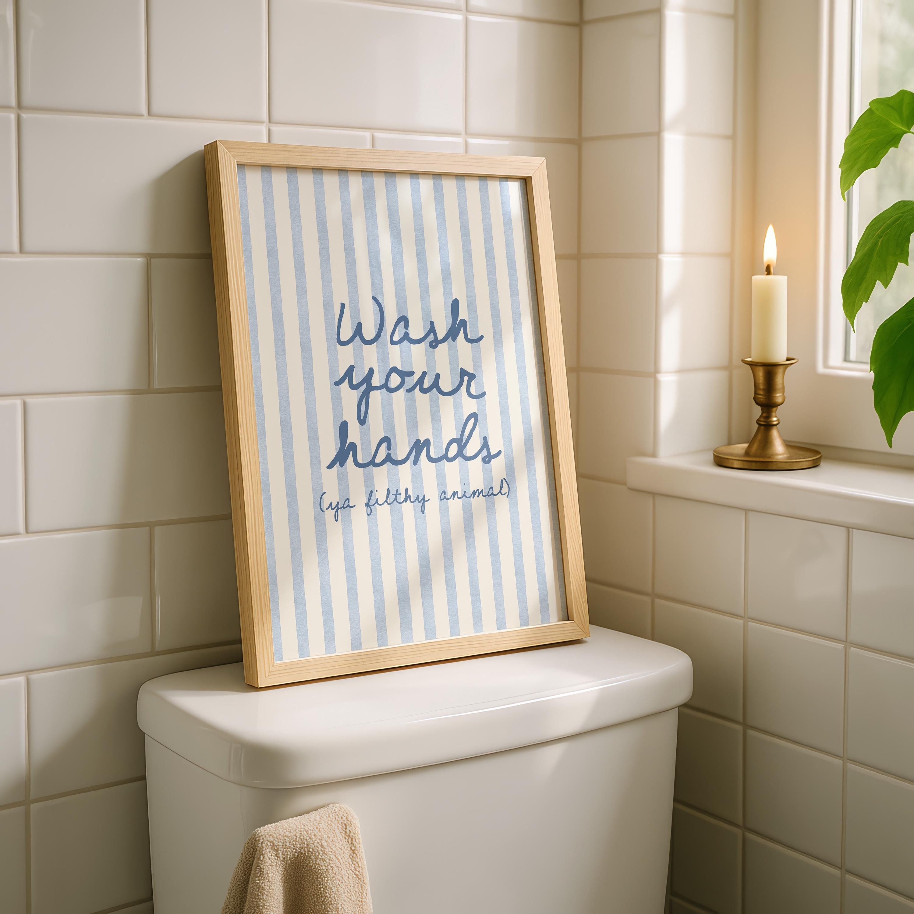 Wash Your Hands Funny Bathroom Print, Blue Stripe Bathroom Wall Art, Preppy Bathroom Decor, Funny Toilet Sign, Guest Bathroom Poster
