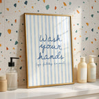 Wash Your Hands Funny Bathroom Print, Blue Stripe Bathroom Wall Art, Preppy Bathroom Decor, Funny Toilet Sign, Guest Bathroom Poster