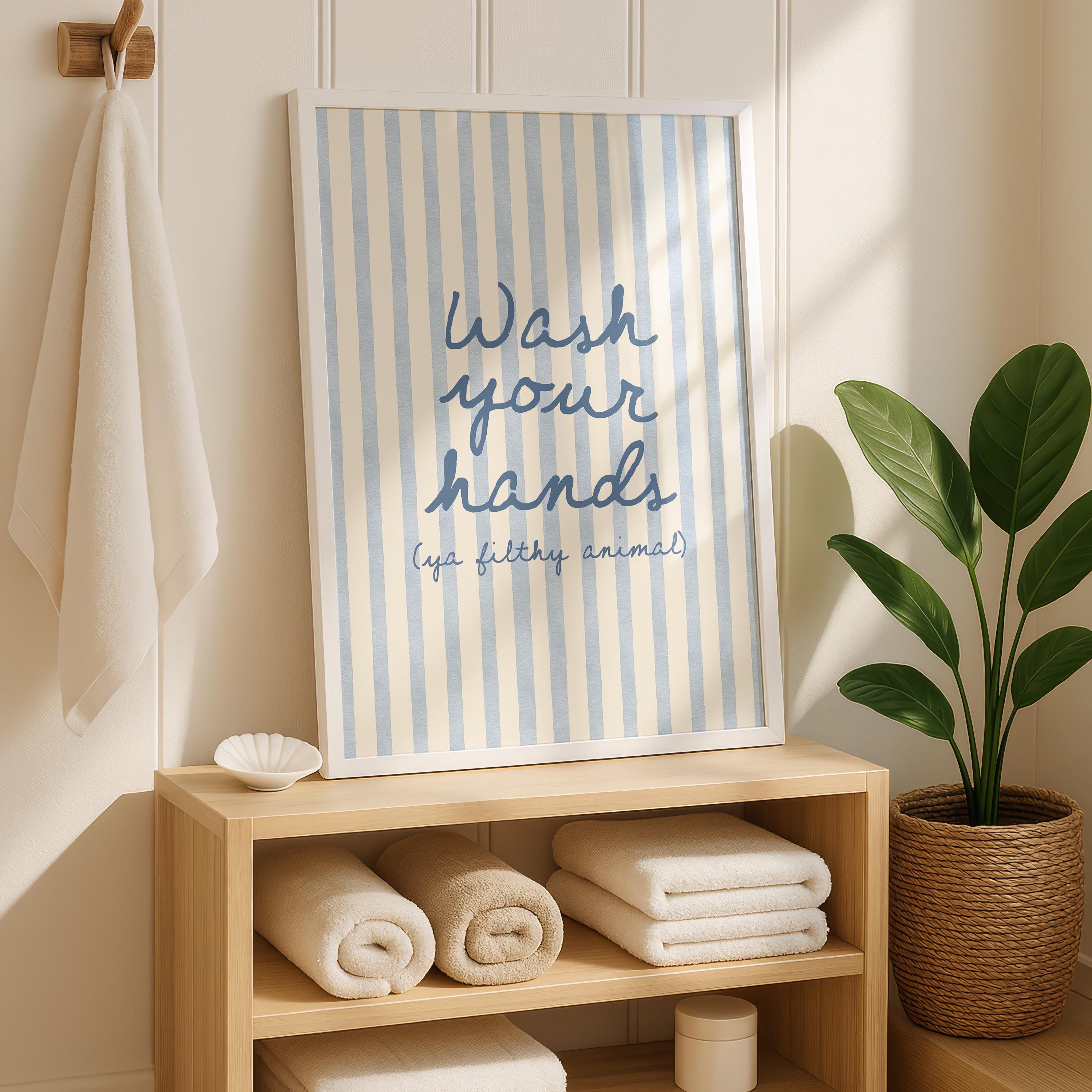 Wash Your Hands Funny Bathroom Print, Blue Stripe Bathroom Wall Art, Preppy Bathroom Decor, Funny Toilet Sign, Guest Bathroom Poster
