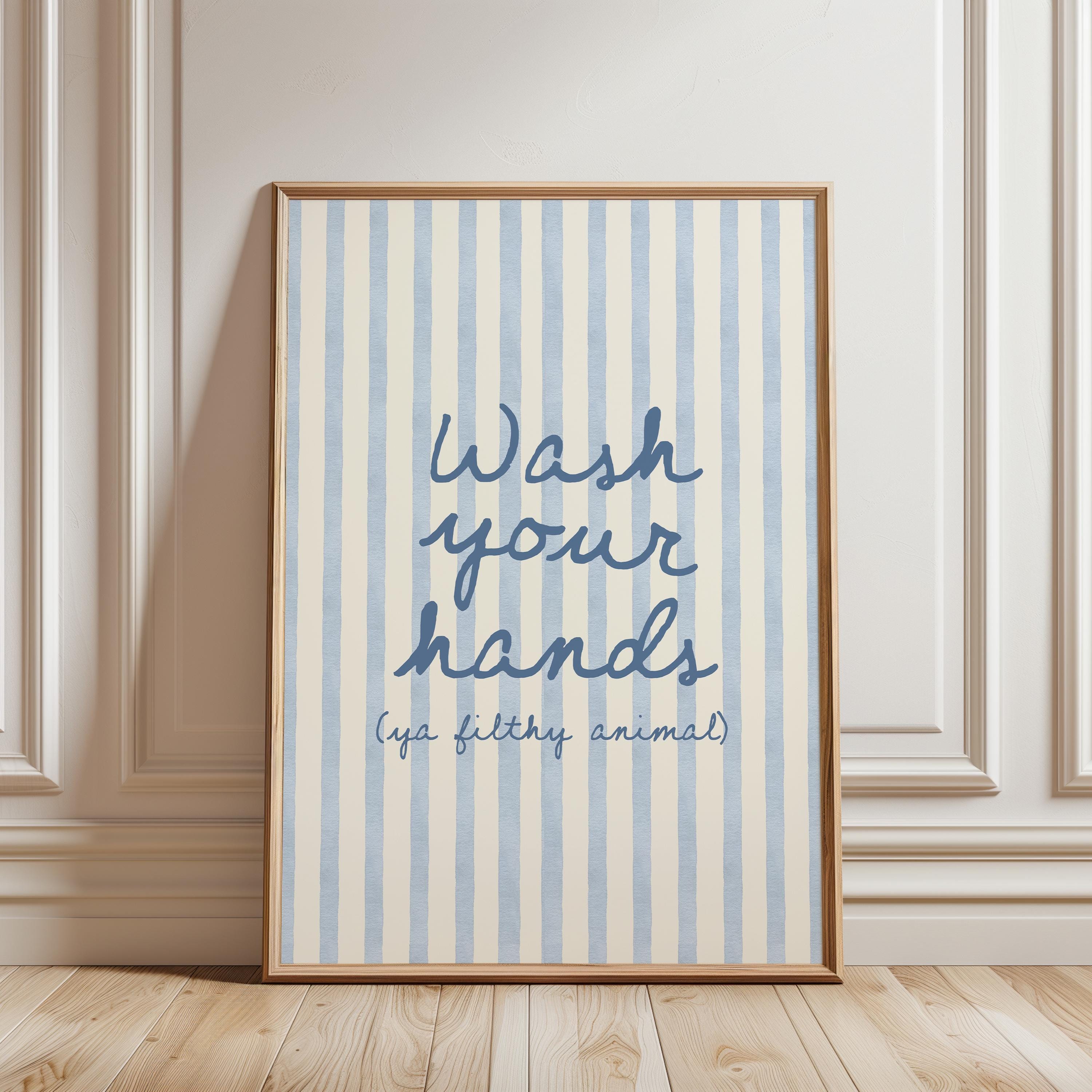 Wash Your Hands Funny Bathroom Print, Blue Stripe Bathroom Wall Art, Preppy Bathroom Decor, Funny Toilet Sign, Guest Bathroom Poster