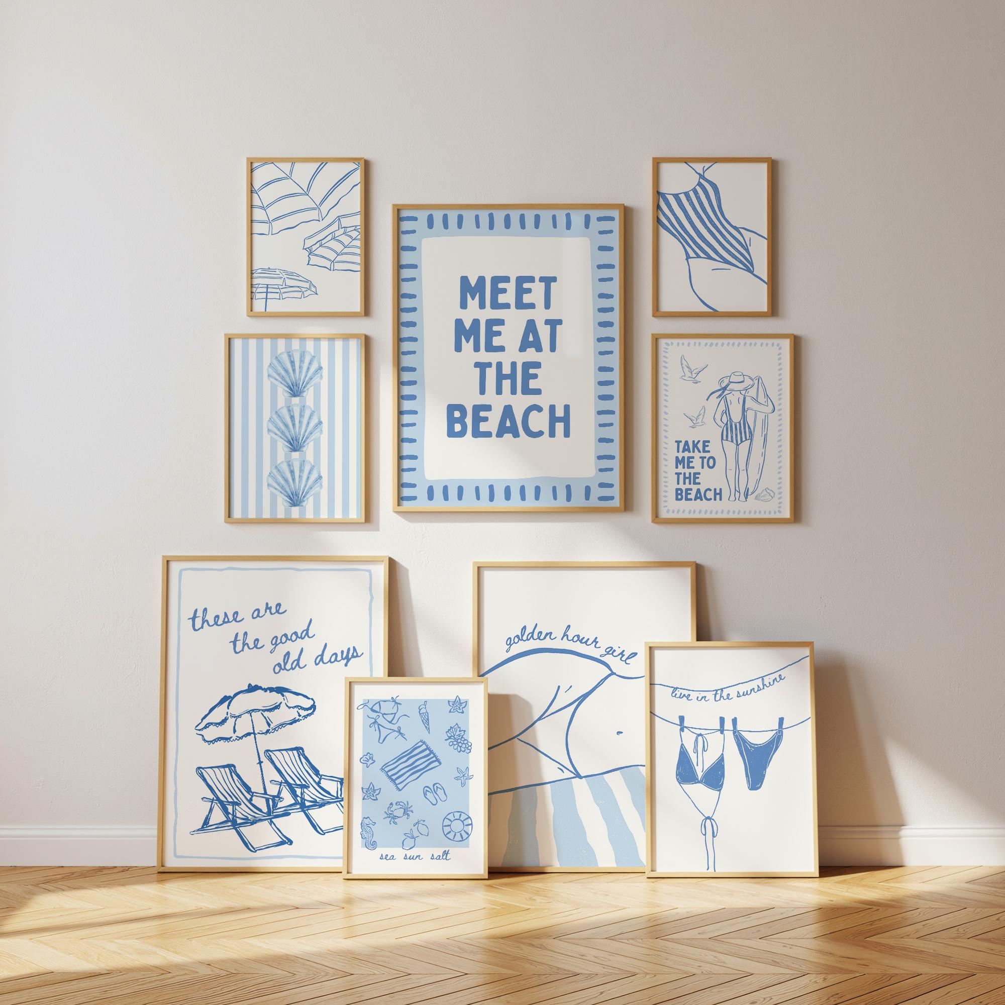 Blue Coastal Gallery Wall Set, Beach House Wall Art, Hamptons Style Decor, Meet Me At The Beach Print Set, Trendy Coastal Bundle Print Set