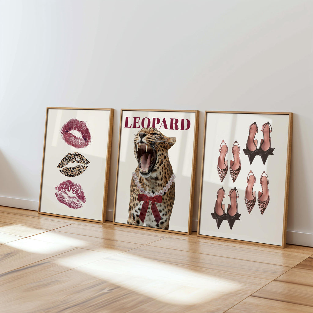 Leopard Print Wall Art Set, Coquette Leopard Gallery Wall, Cherry Lips Poster Set, Red Aesthetic Wall Decor, Trendy Fashion Wall Art Prints