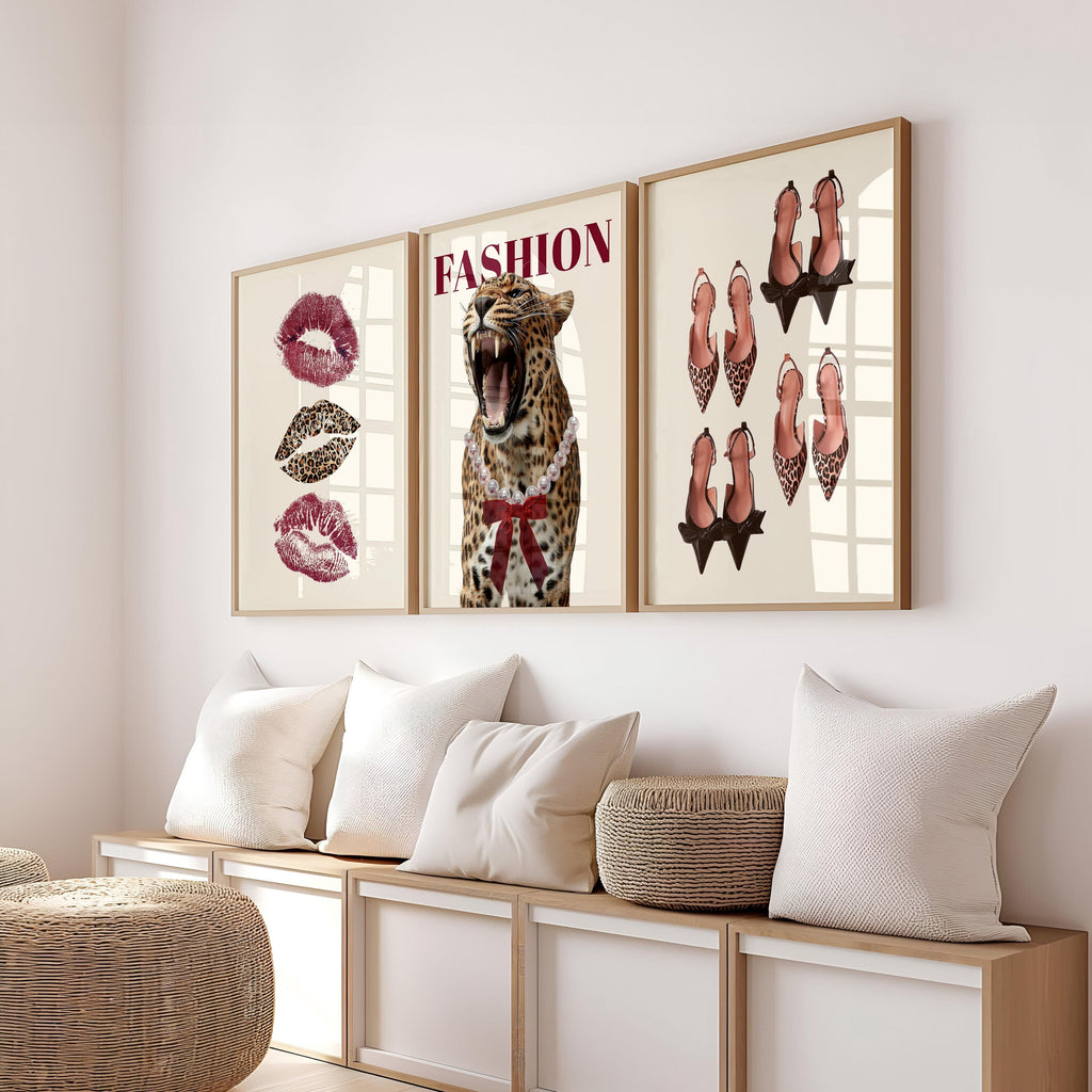 Fashion Leopard Wall Art Set, Red Lips Print, Leopard Shoes Poster, Fashionista Wall Decor, Chic Girly Gallery Wall, Fashion Lover Gift