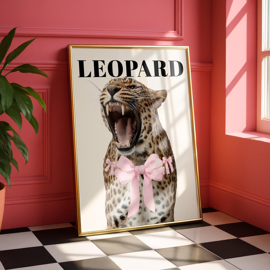 Pink Leopard Wall Art Set of 3, Coquette Fashion Poster Set, Leopard Print Bow Art, Girly Fashion Wall Decor, Pink Lips Chic Shoe Print