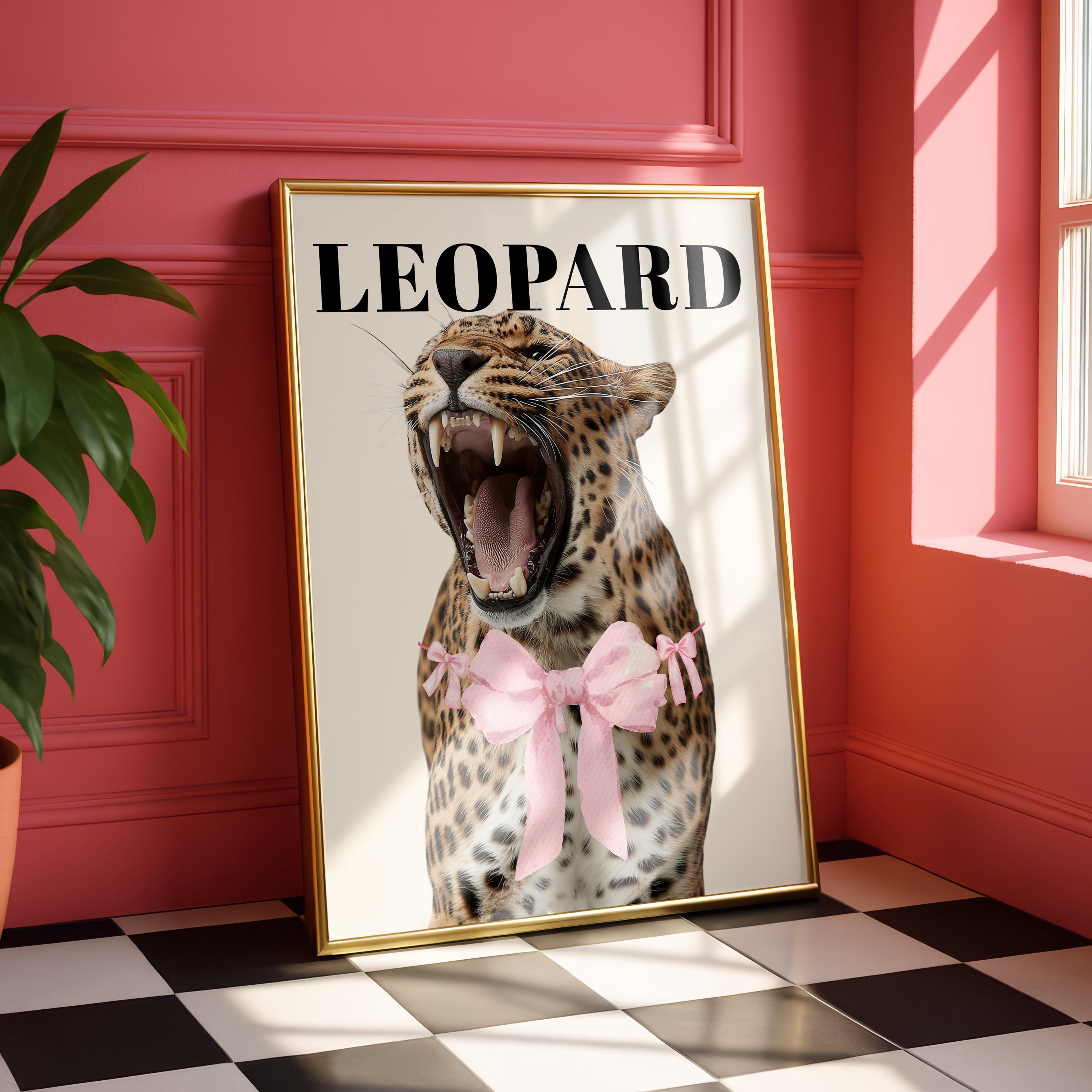 Pink Leopard Wall Art Set of 3, Coquette Fashion Poster Set, Leopard Print Bow Art, Girly Fashion Wall Decor, Pink Lips Chic Shoe Print