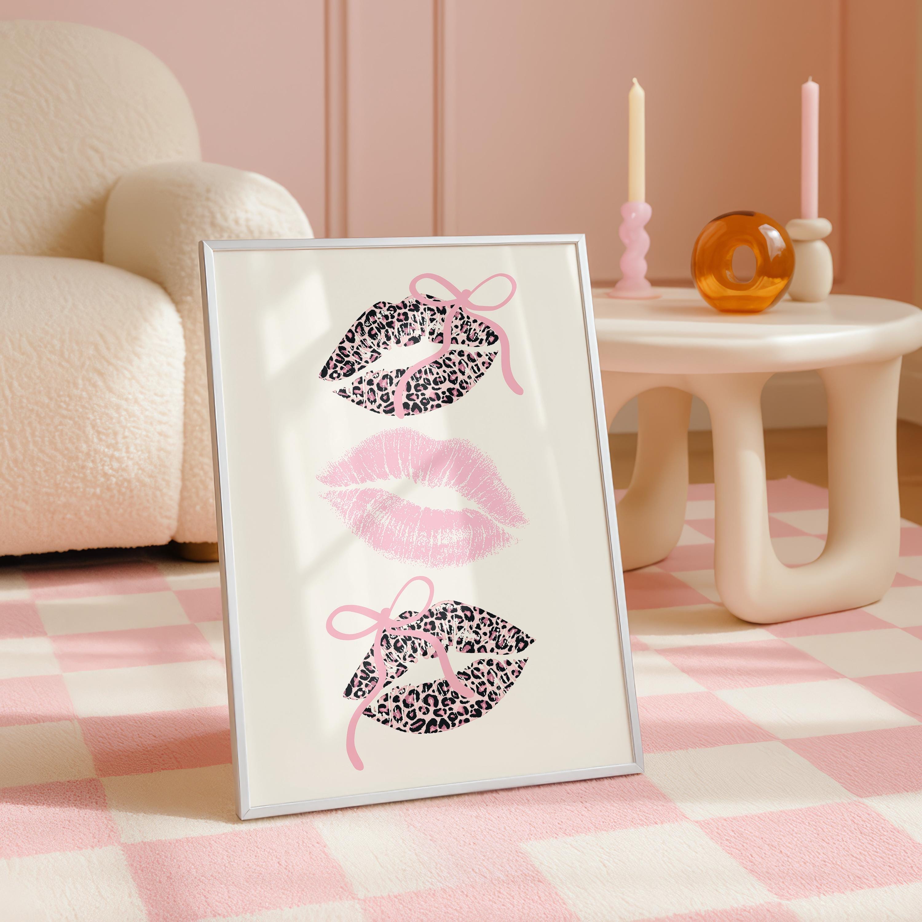 Pink Leopard Wall Art Set of 3, Coquette Fashion Poster Set, Leopard Print Bow Art, Girly Fashion Wall Decor, Pink Lips Chic Shoe Print