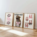 Pink Leopard Wall Art Set of 3, Coquette Fashion Poster Set, Leopard Print Bow Art, Girly Fashion Wall Decor, Pink Lips Chic Shoe Print