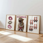 Fashion Leopard Wall Art Set, Red Lips Print, Leopard Shoes Poster, Fashionista Wall Decor, Chic Girly Gallery Wall, Fashion Lover Gift