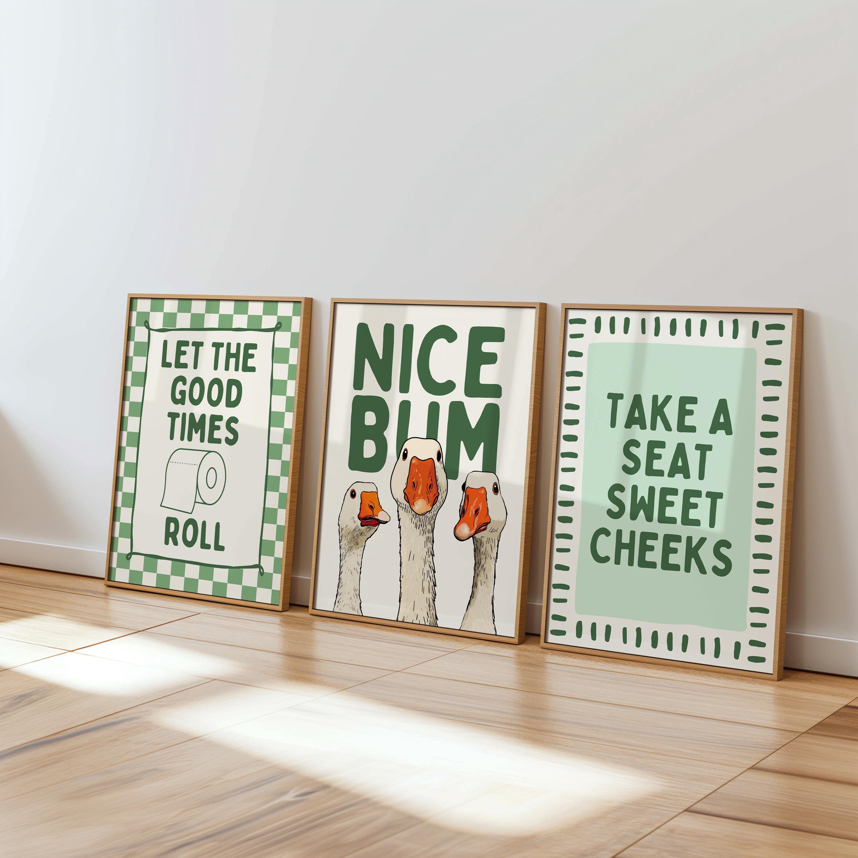 Funny Bathroom Wall Art Set, Goose Bathroom Decor, Green Bathroom Prints, Farmhouse Bathroom Wall Decor, Humorous Toilet Wall Art Set