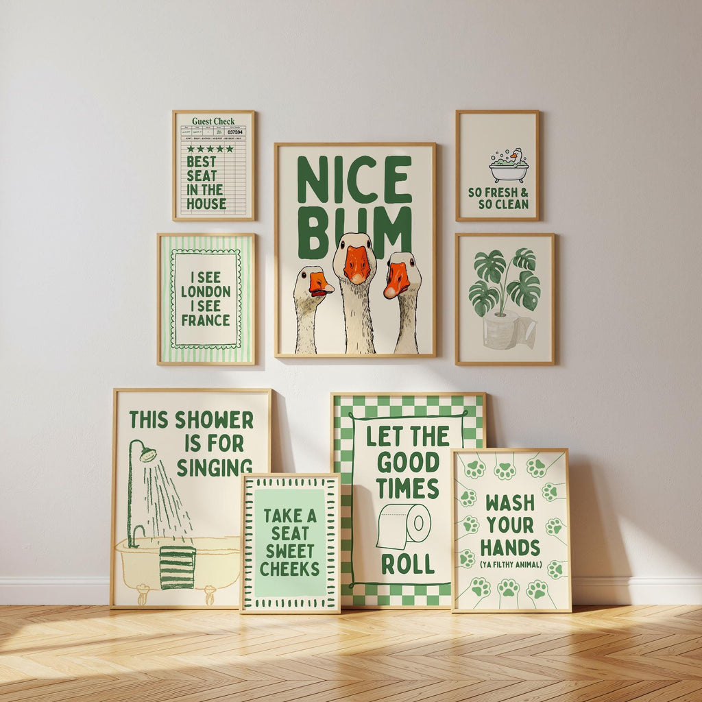 Funny Bathroom Wall Art Set, Goose Bathroom Decor, Green Bathroom Prints, Farmhouse Bathroom Wall Decor, Humorous Toilet Wall Art Set