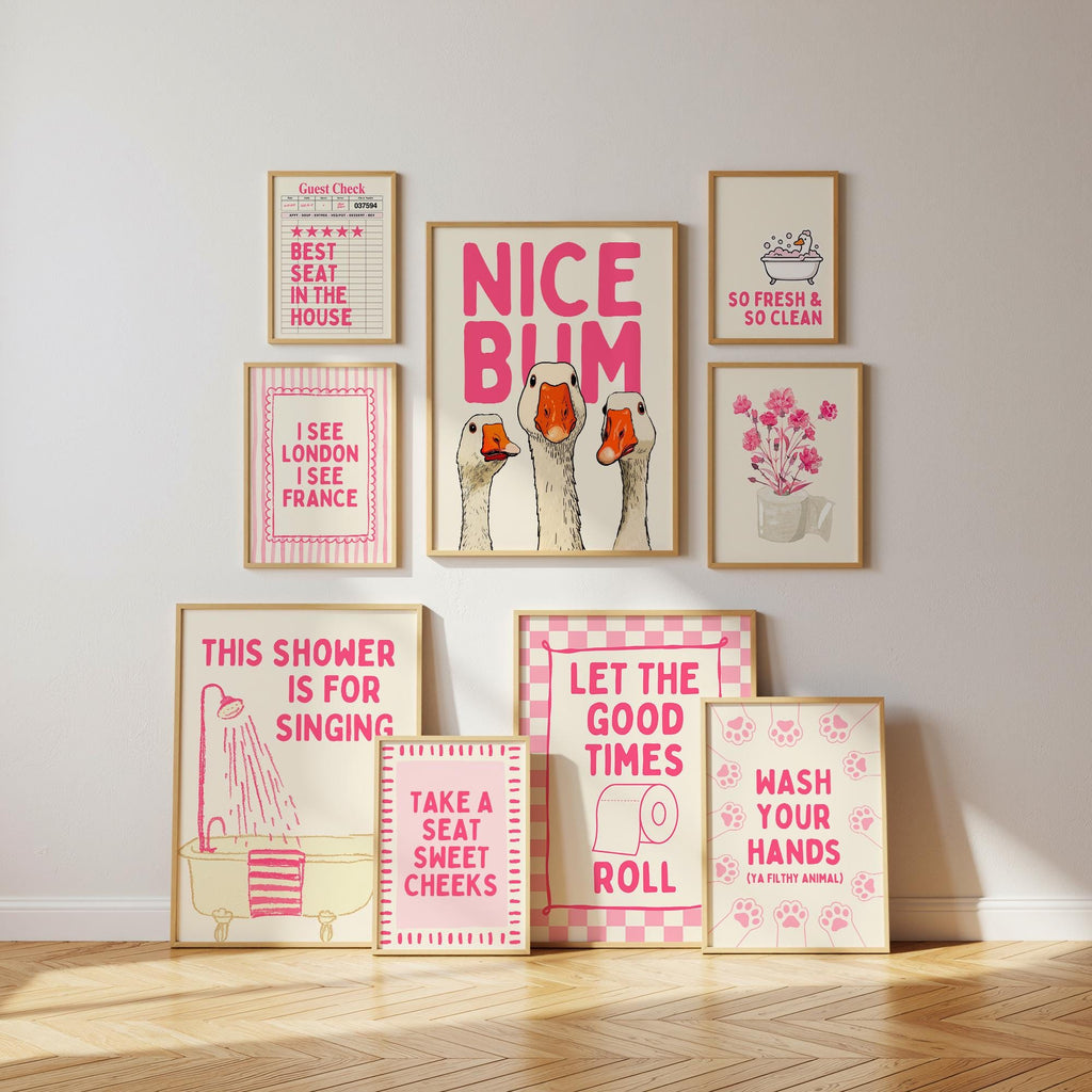 Funny Bathroom Wall Art Set, Pink Bathroom Decor Prints, Cute Goose Bathroom Poster, Funny Toilet Sign, Retro Bathroom Gallery Wall Bundle