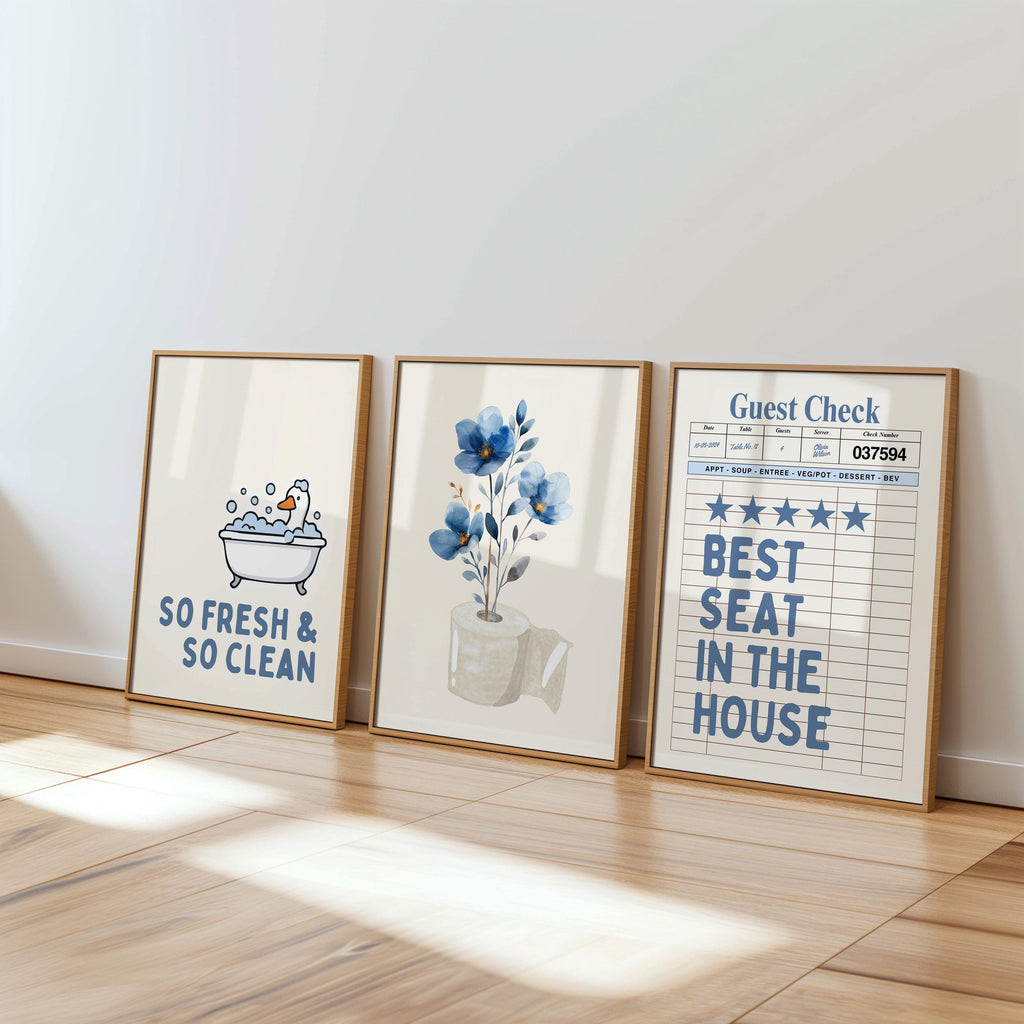 Funny Bathroom Wall Art Set, Blue Bathroom Decor Prints, Goose Bathroom Poster, Vintage Bathroom Gallery Wall, Funny Toilet Signs Bundle
