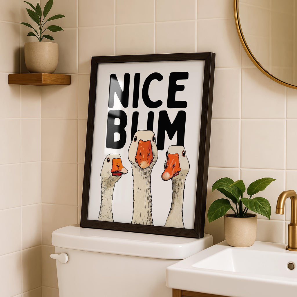 Funny Bathroom Wall Art Set, Black White Bathroom Gallery Wall Prints, Nice Bum Goose Poster, Funny Toilet Signs, Black White Bathroom Decor