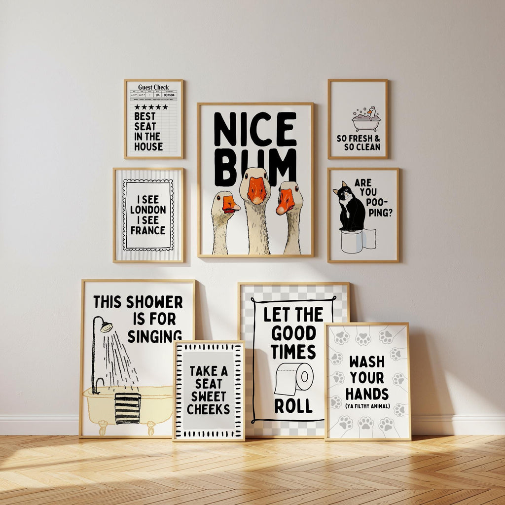 Funny Bathroom Wall Art Set, Black White Bathroom Gallery Wall Prints, Nice Bum Goose Poster, Funny Toilet Signs, Black White Bathroom Decor