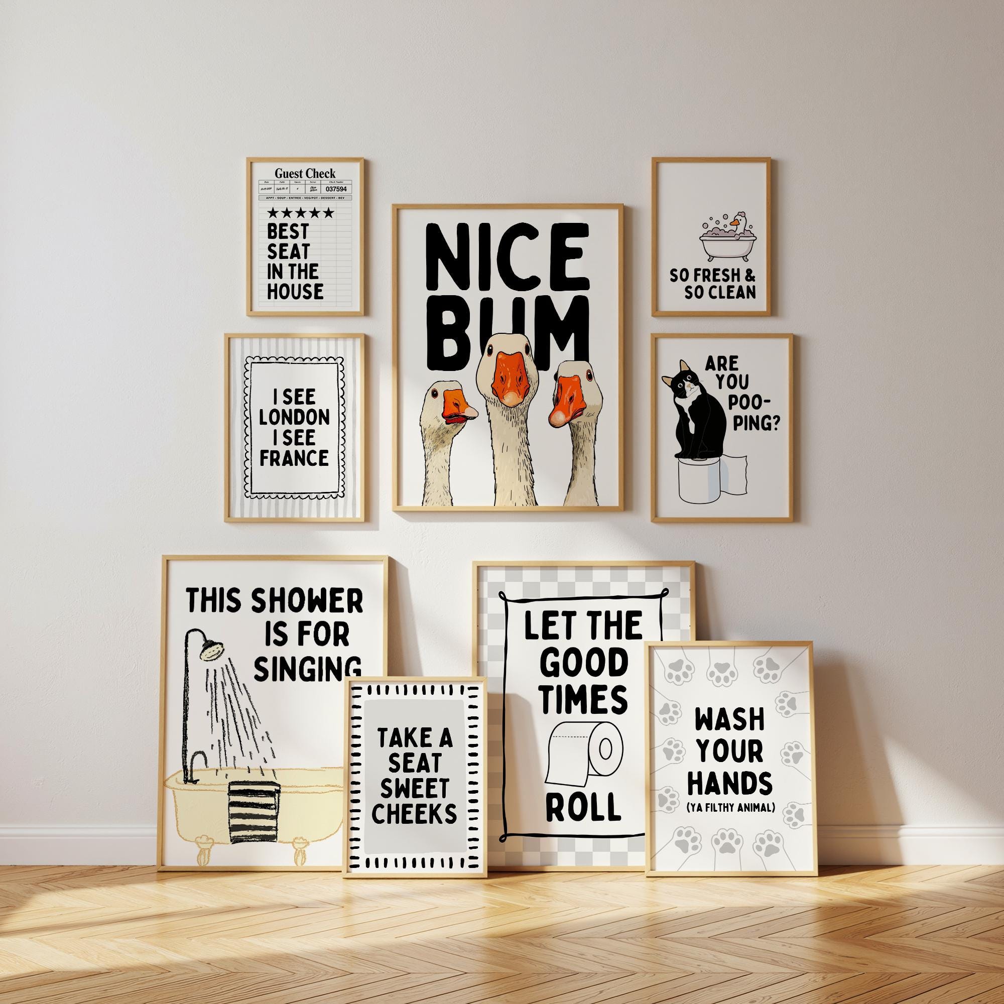 Funny Bathroom Wall Art Set, Black White Bathroom Gallery Wall Prints, Nice Bum Goose Poster, Funny Toilet Signs, Black White Bathroom Decor