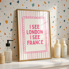 Pink I See London I See France Print, Funny Bathroom Wall Art, Pink Stripe Poster, Cute Bathroom Decor, Minimalist Typography Wall Art