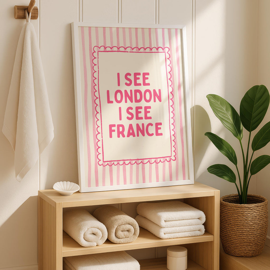 Pink I See London I See France Print, Funny Bathroom Wall Art, Pink Stripe Poster, Cute Bathroom Decor, Minimalist Typography Wall Art