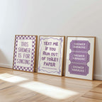 Purple Bathroom Wall Art Set of 6, Funny Bathroom Prints, Eclectic Bathroom Decor, Lavender Bathroom Posters, Guest Check Wall Art