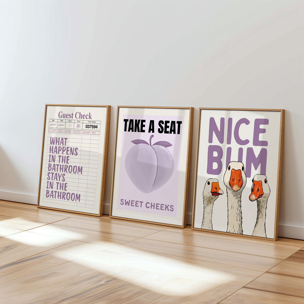 Purple Bathroom Wall Art Set of 6, Funny Bathroom Prints, Eclectic Bathroom Decor, Lavender Bathroom Posters, Guest Check Wall Art