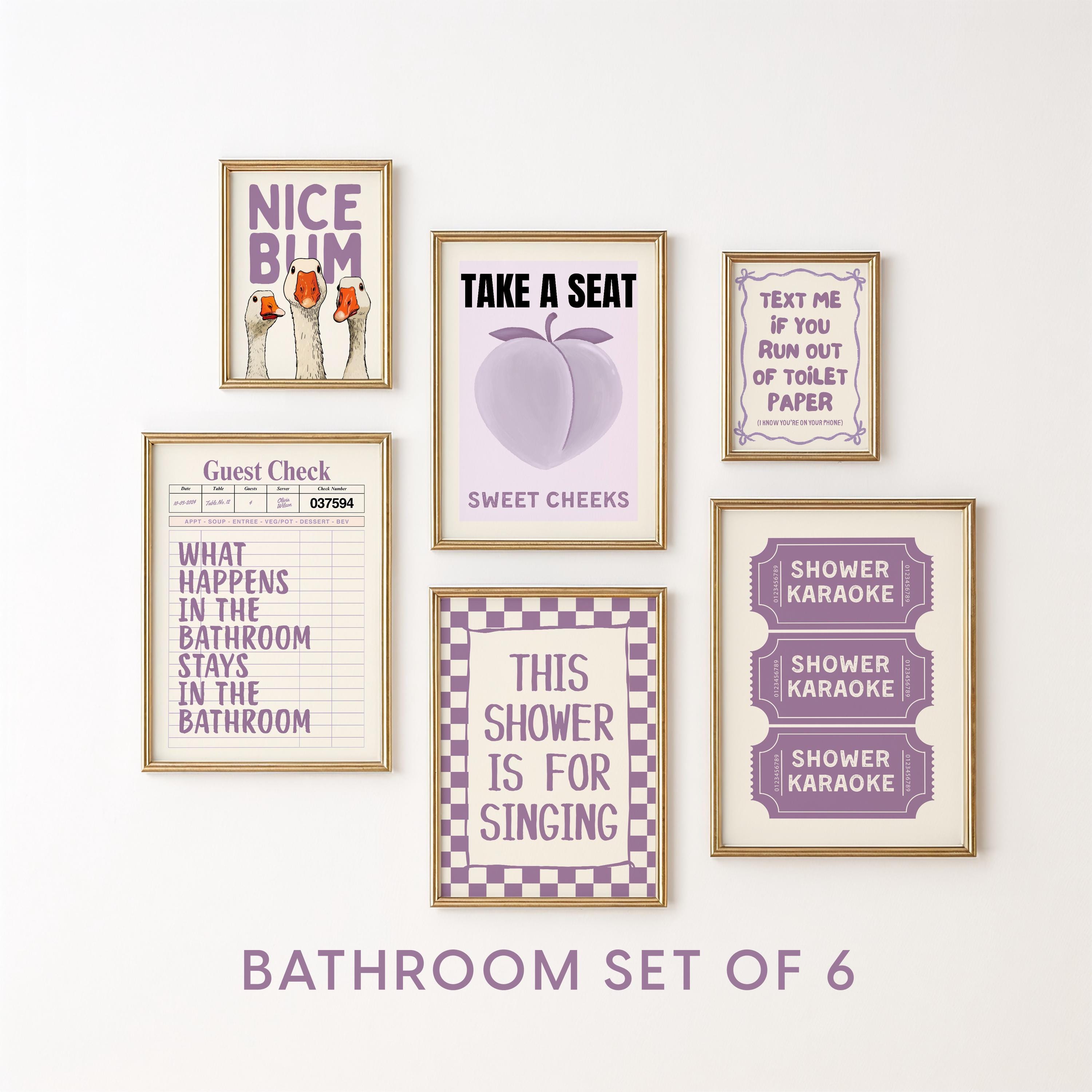 Purple Bathroom Wall Art Set of 6, Funny Bathroom Prints, Eclectic Bathroom Decor, Lavender Bathroom Posters, Guest Check Wall Art