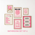Pink Bathroom Wall Art Set of 6, Coquette Bathroom Decor, Funny Bathroom Prints, Girly Bathroom Posters, Hot Pink Bathroom Wall Art