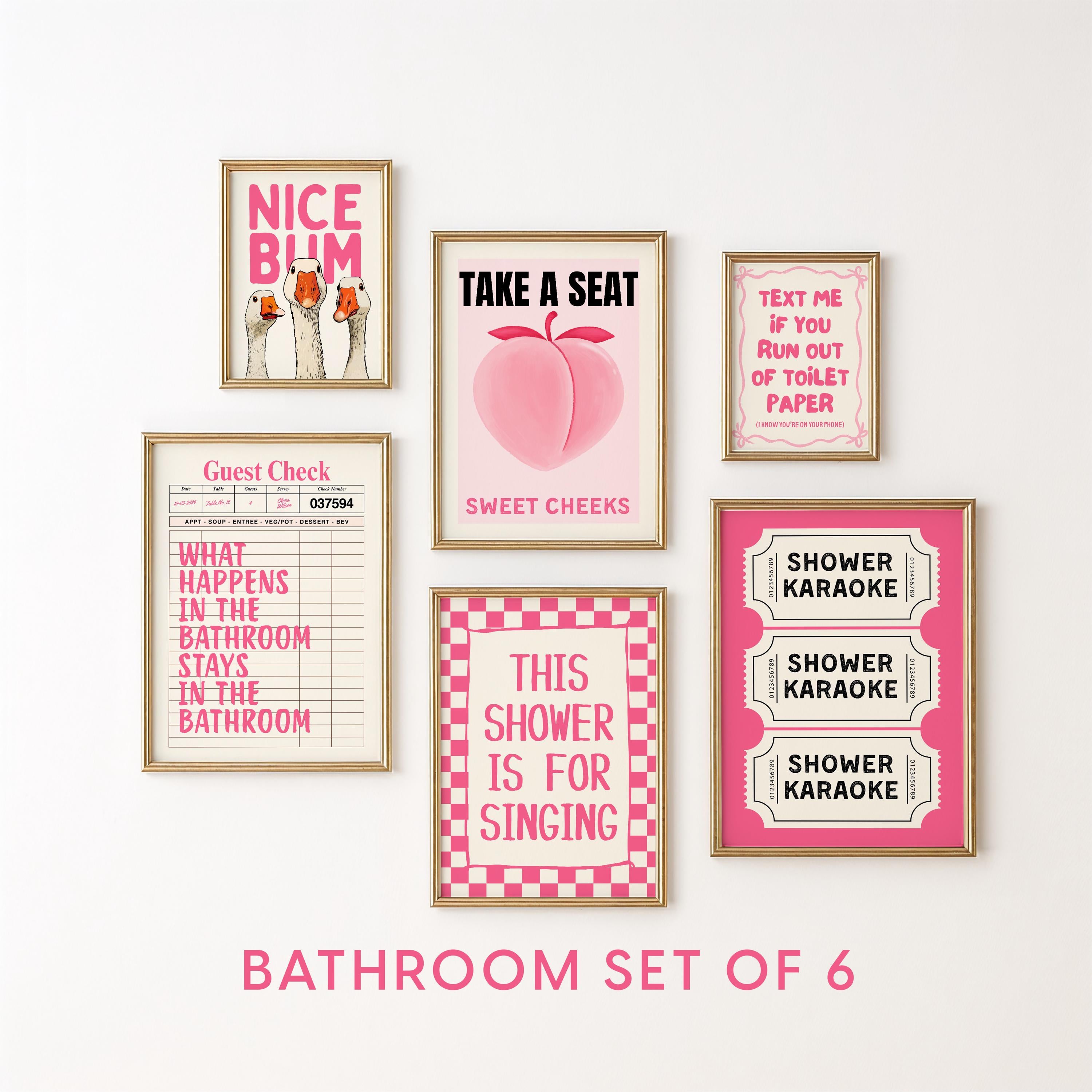 Pink Bathroom Wall Art Set of 6, Coquette Bathroom Decor, Funny Bathroom Prints, Girly Bathroom Posters, Hot Pink Bathroom Wall Art